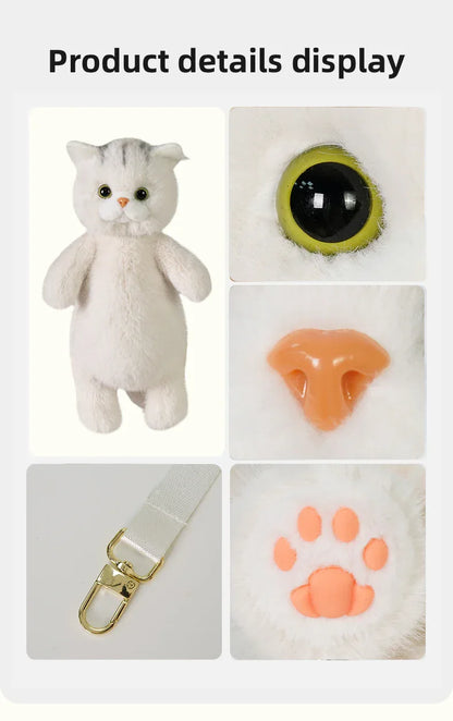 Cute White British Shorthair Cat Backpack Toy Simulation Plush Cat Doll Recyclable Handmade Bag for Travel