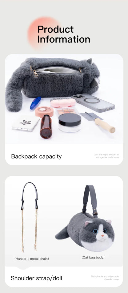 Handmade Adjustable Chain Cat Soft Plush One-Shoulder Handbag Rag Doll Fashion Cute Toy Gift