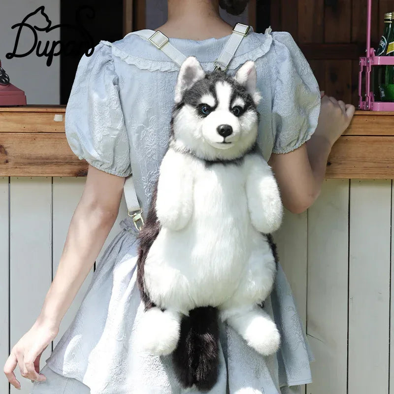 Simulated Husky Dog Plush Toy Backpack Soft PP Cotton Filled Handmade Companion Toy Bag for Adults/Kids