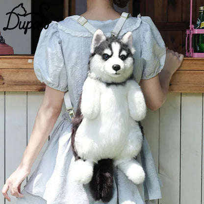 Simulated Husky Dog Plush Toy Backpack Soft PP Cotton Filled Handmade Companion Toy Bag for Adults/Kids