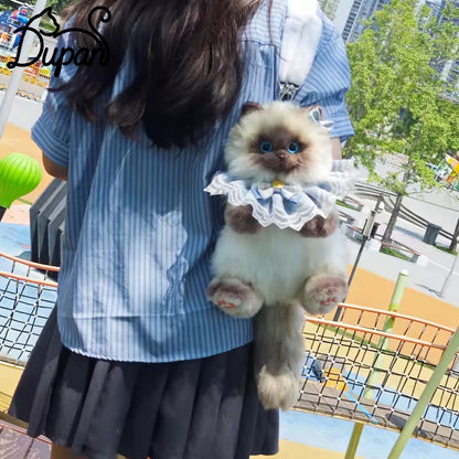 Blue Scarf Cute Simulation Siamese Cat Backpack Plush Doll Anime Cartoon Realistic Cat Backpack
