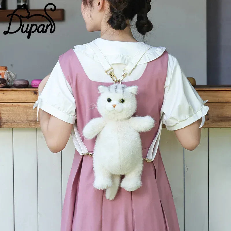 Cute White British Shorthair Cat Backpack Toy Simulation Plush Cat Doll Recyclable Handmade Bag for Travel