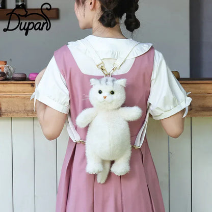 Cute White British Shorthair Cat Backpack Toy Simulation Plush Cat Doll Recyclable Handmade Bag for Travel
