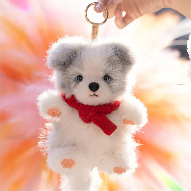 Realistic 1:1 Merle Border Collie Plush Keychain Polyester Fiber Lifelike Dog Bag Charm with Premium Silk Cotton Filling