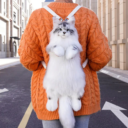 Handmade Soft Gray White Plush Maine Coon Cat Backpack Cute Cartoon Style Toy Lifelike Plush Cat Backpack