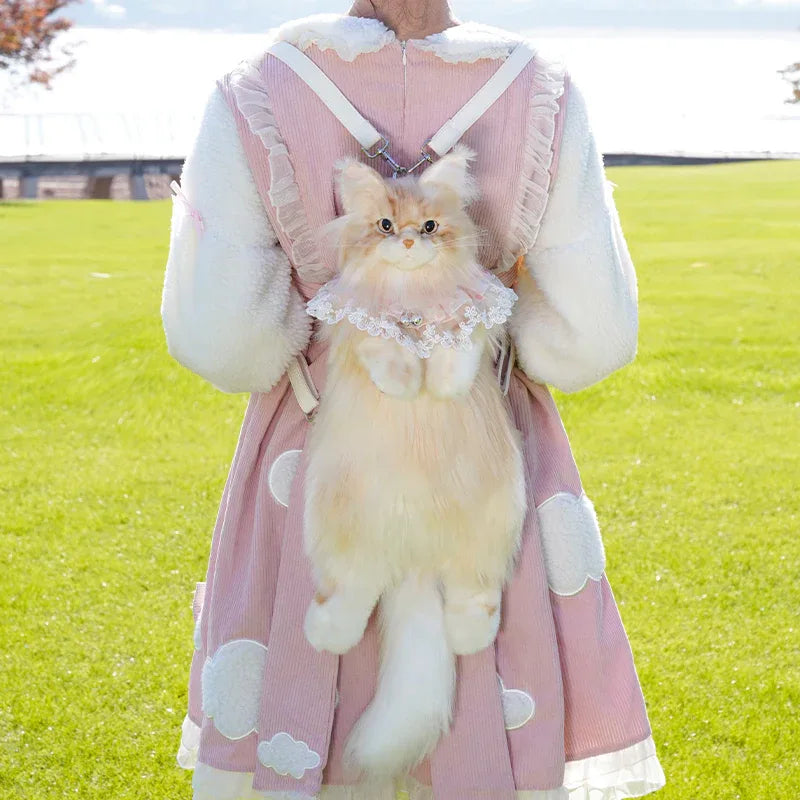 Light Gold Maine Coon Cat Soft Plush Backpack Large Capacity PP Cotton Filled Handmade Unisex Backpack for Daily