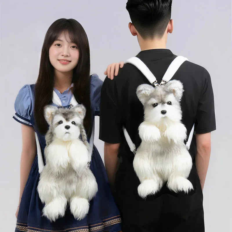 White Mixed Grey Schnauzer Dog Simulated Plush Unisex Backpack Soft PP Cotton Filled Fashion Couple Set Toy
