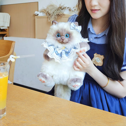 Cute Blue Grid Scarf Siamese Cat Simulation Plush Backpack Unisex Decompression Toy Animal Doll Backpack