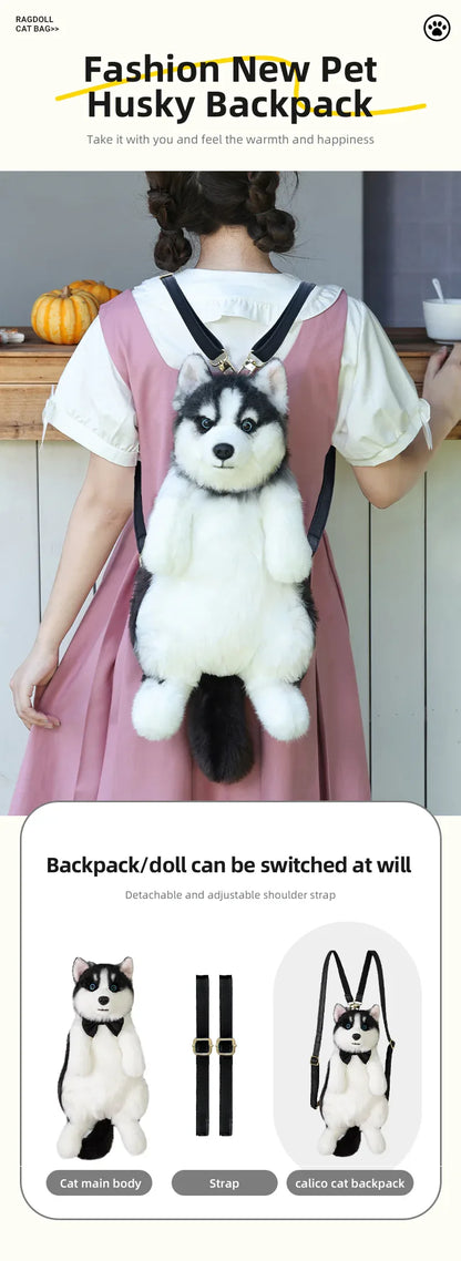 Simulated Husky Dog Plush Toy Backpack Soft PP Cotton Filled Handmade Companion Toy Bag for Adults/Kids