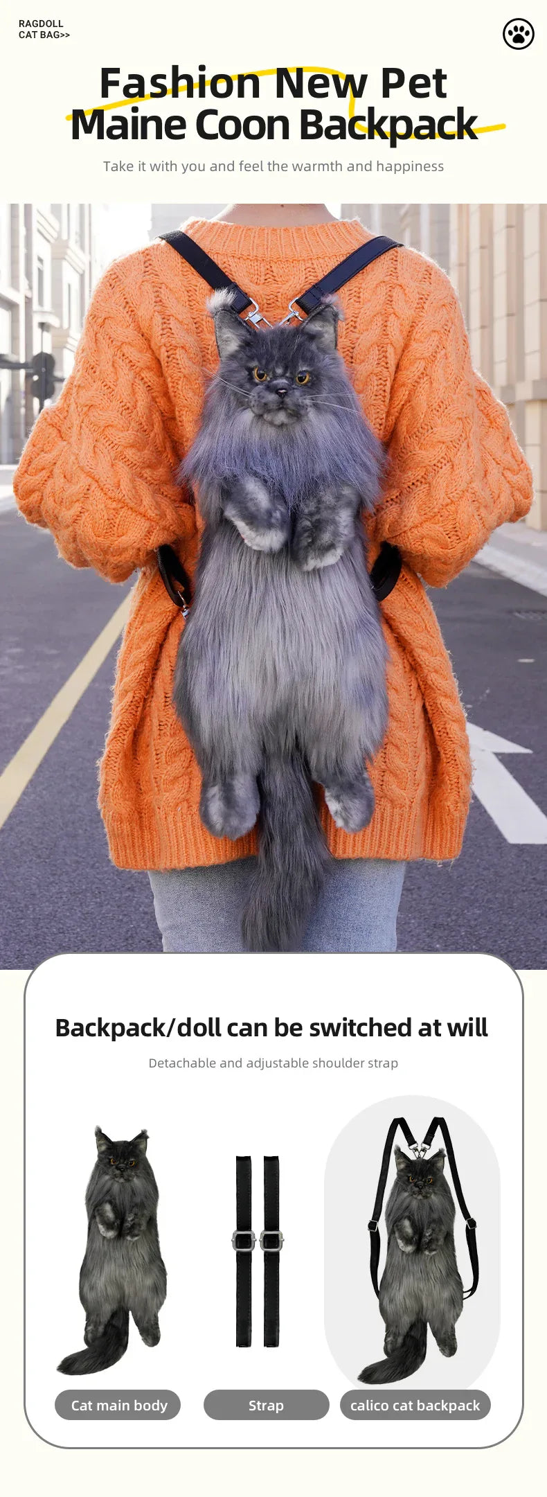 Black Maine Coon Cat Soft Short Plush Backpack Handmade Decompression Adorable Cat Bag for Adults/Kids