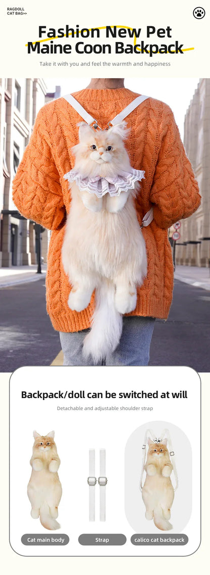 Light Gold Maine Coon Cat Soft Plush Backpack Large Capacity PP Cotton Filled Handmade Unisex Backpack for Daily