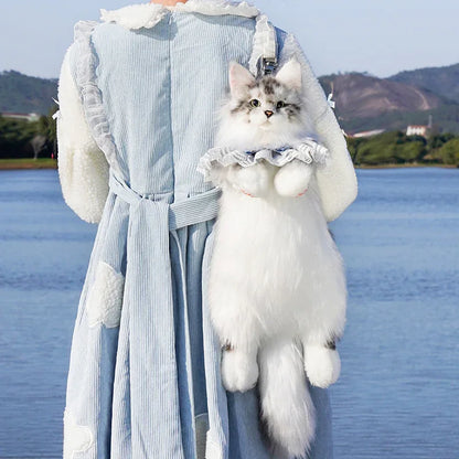 Handmade Soft Gray White Plush Maine Coon Cat Backpack Cute Cartoon Style Toy Lifelike Plush Cat Backpack
