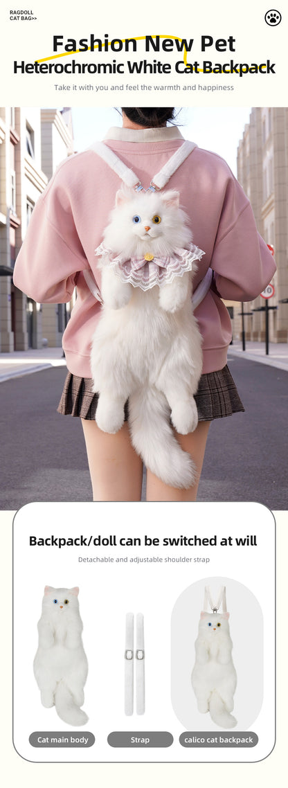 Soft Plush Heterochromatic Cat Backpack Handmade Doll Gift Unisex Gift White cat Backpack with Odd Eyes