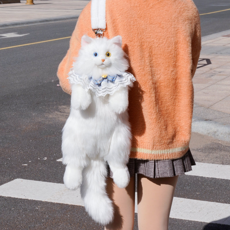 Soft Plush Heterochromatic Cat Backpack Handmade Doll Gift Unisex Gift White cat Backpack with Odd Eyes