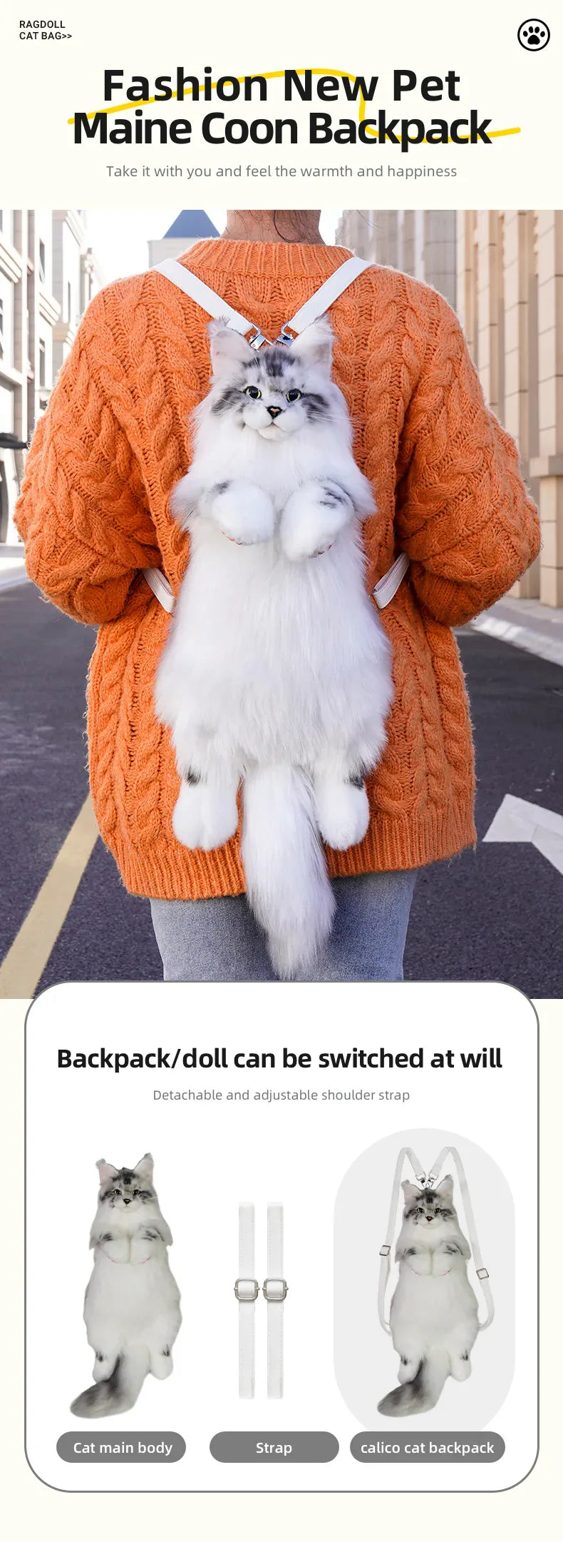 Handmade Soft Gray White Plush Maine Coon Cat Backpack Cute Cartoon Style Toy Lifelike Plush Cat Backpack