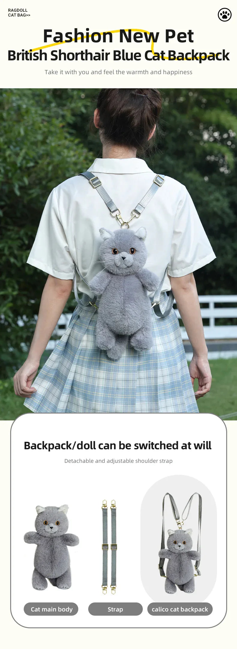 British Shorthair Cat Plush Backpack Blue White British Shorthair Cat-shaped Single Crossbody Double-shoulder Bag