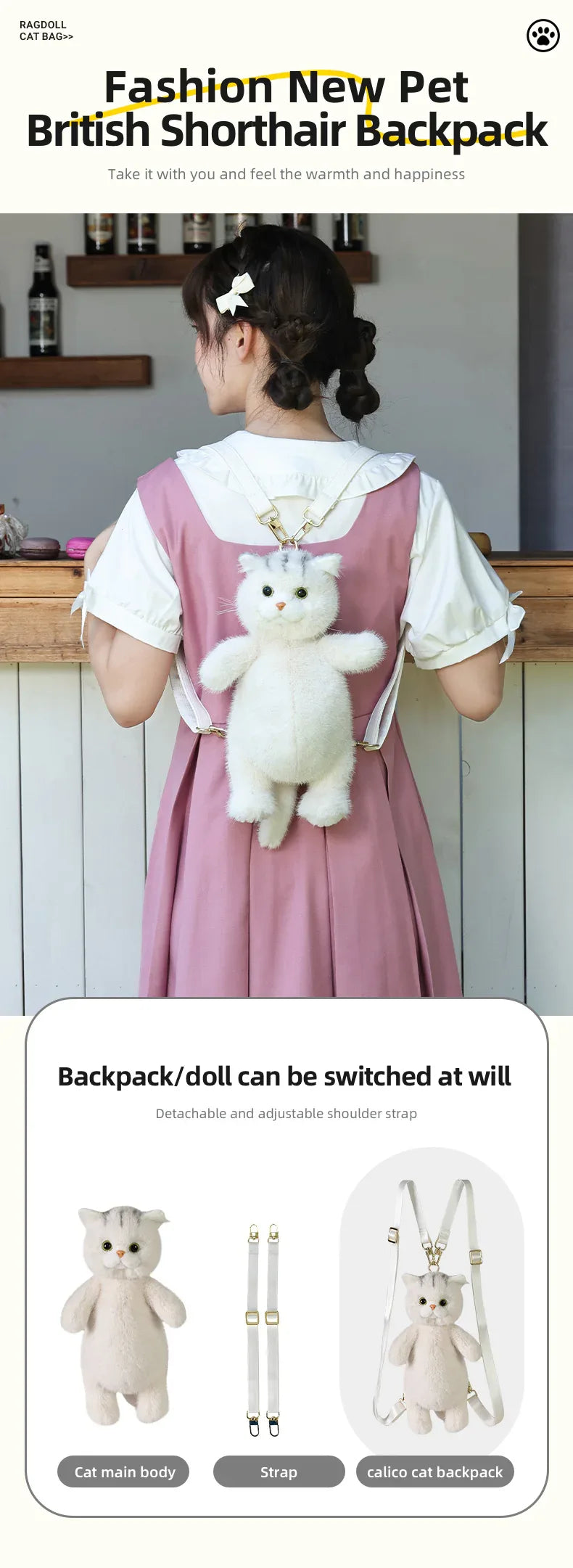 Cute White British Shorthair Cat Backpack Toy Simulation Plush Cat Doll Recyclable Handmade Bag for Travel