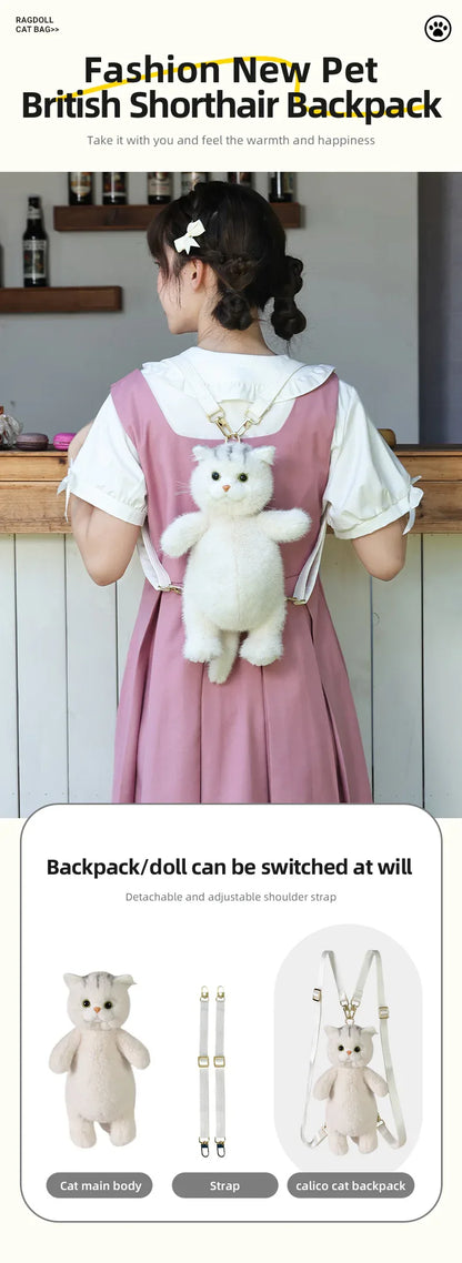 Cute White British Shorthair Cat Backpack Toy Simulation Plush Cat Doll Recyclable Handmade Bag for Travel