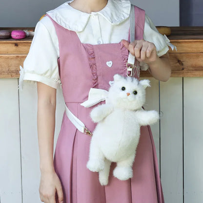Cute White British Shorthair Cat Backpack Toy Simulation Plush Cat Doll Recyclable Handmade Bag for Travel
