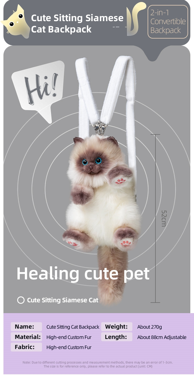 Cute Blue Grid Scarf Siamese Cat Simulation Plush Backpack Unisex Decompression Toy Animal Doll Backpack