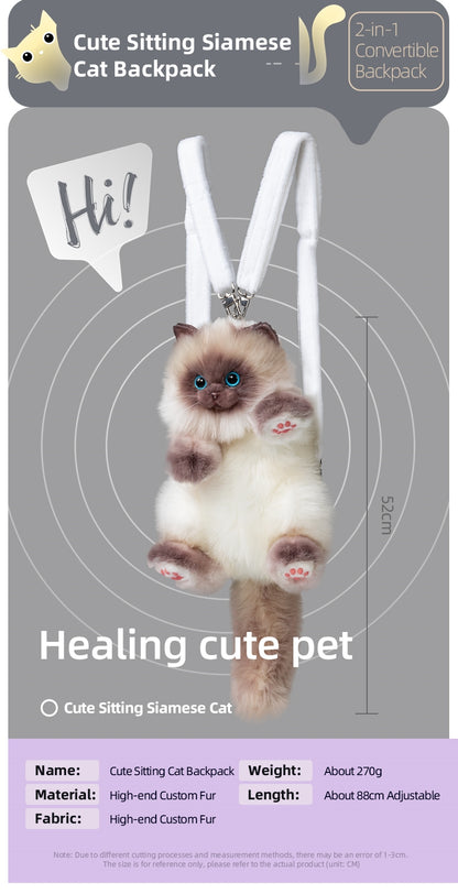 Cute Blue Grid Scarf Siamese Cat Simulation Plush Backpack Unisex Decompression Toy Animal Doll Backpack