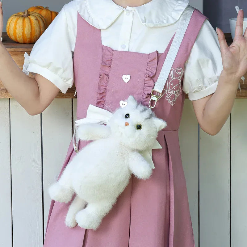 Cute White British Shorthair Cat Backpack Toy Simulation Plush Cat Doll Recyclable Handmade Bag for Travel