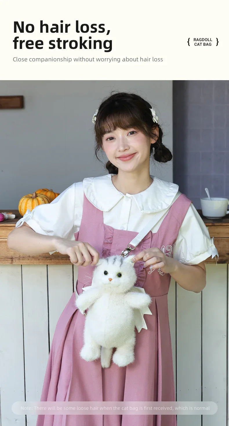 Cute White British Shorthair Cat Backpack Toy Simulation Plush Cat Doll Recyclable Handmade Bag for Travel