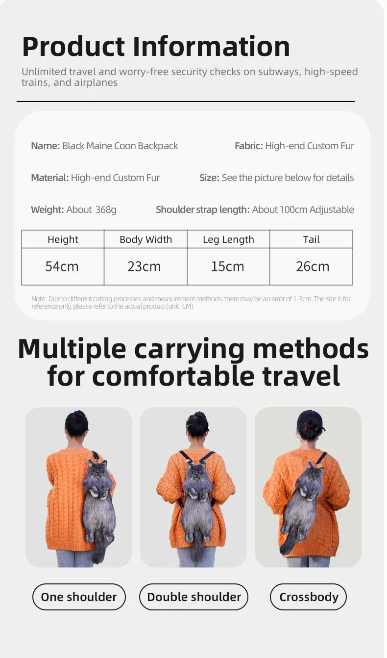 Black Maine Coon Cat Soft Short Plush Backpack Handmade Decompression Adorable Cat Bag for Adults/Kids