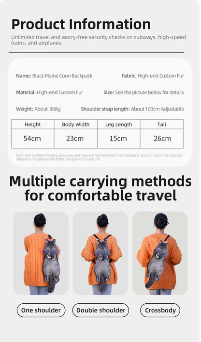 Black Maine Coon Cat Soft Short Plush Backpack Handmade Decompression Adorable Cat Bag for Adults/Kids