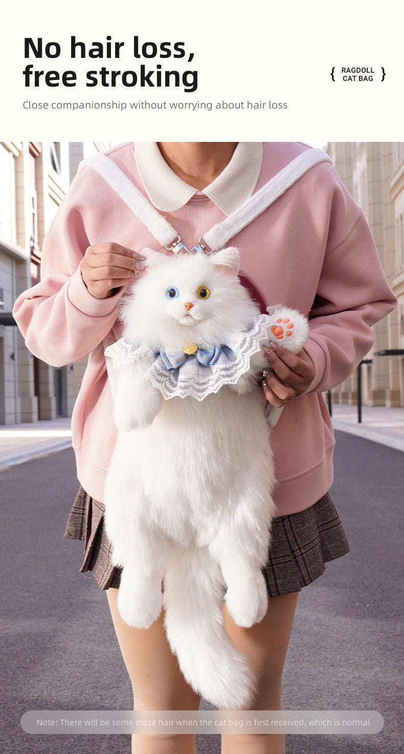 Soft Plush Heterochromatic Cat Backpack Handmade Doll Gift Unisex Gift White cat Backpack with Odd Eyes