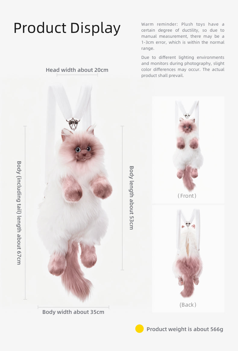 Soft Plush PP Cotton Filled Siamese Cat Animal Backpack Toys Adorable Cat Bag for Adults / Kids