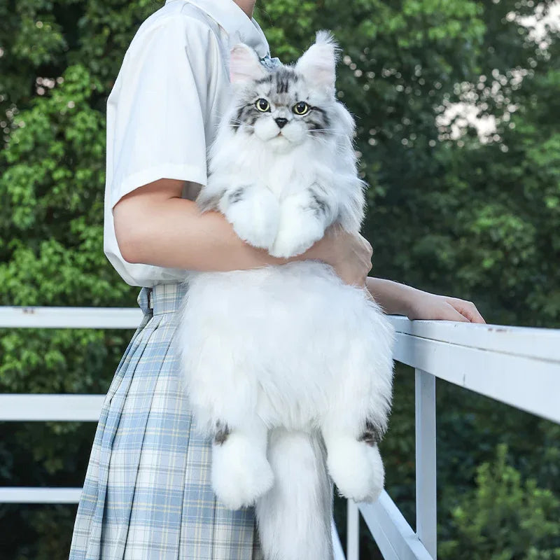 Handmade Soft Gray White Plush Maine Coon Cat Backpack Cute Cartoon Style Toy Lifelike Plush Cat Backpack