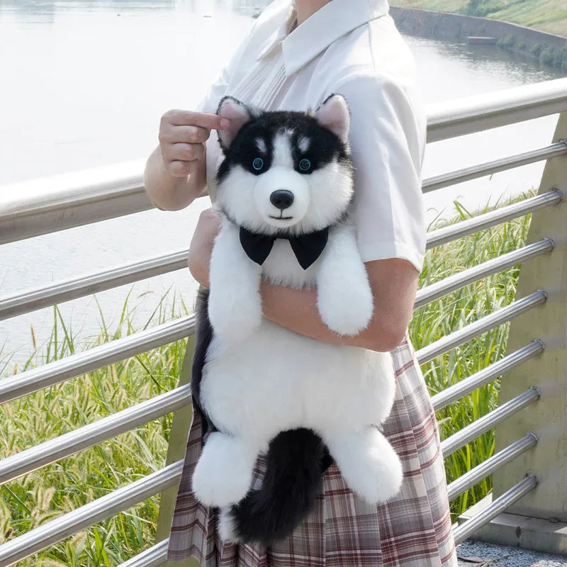 Simulated Husky Dog Plush Toy Backpack Soft PP Cotton Filled Handmade Companion Toy Bag for Adults/Kids