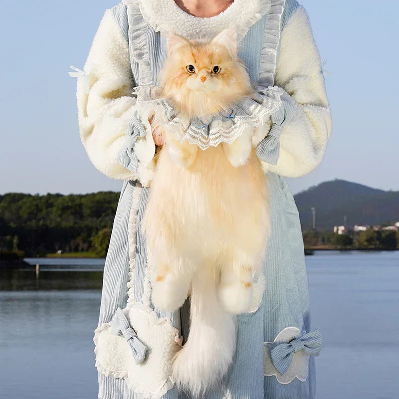 Light Gold Maine Coon Cat Soft Plush Backpack Large Capacity PP Cotton Filled Handmade Unisex Backpack for Daily