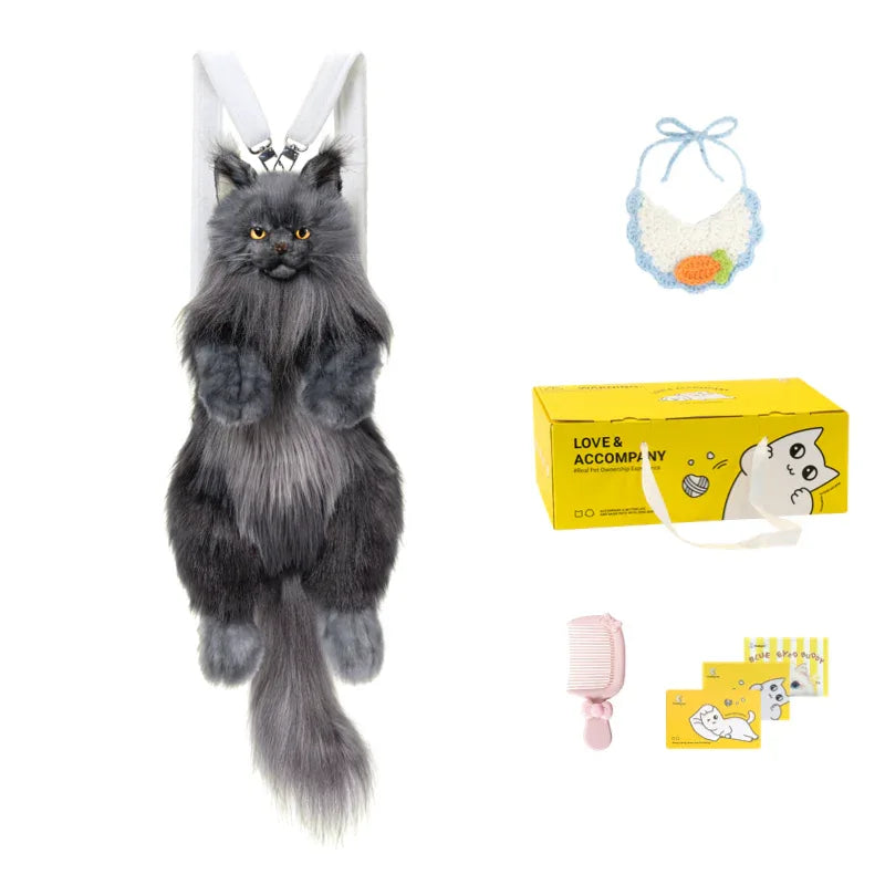 Black Maine Coon Cat Soft Short Plush Backpack Handmade Decompression Adorable Cat Bag for Adults/Kids