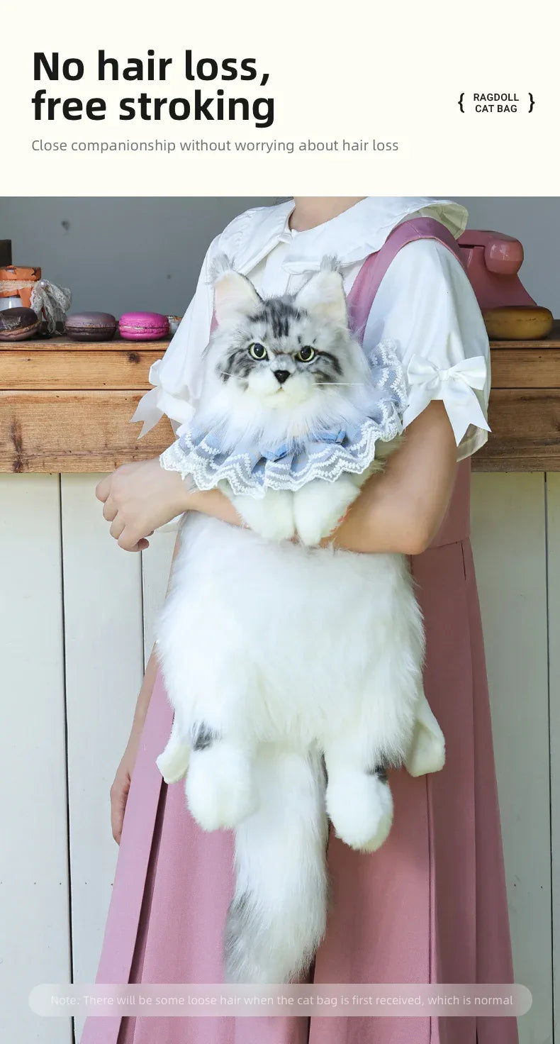 Handmade Soft Gray White Plush Maine Coon Cat Backpack Cute Cartoon Style Toy Lifelike Plush Cat Backpack