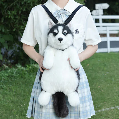 Simulated Husky Dog Plush Toy Backpack Soft PP Cotton Filled Handmade Companion Toy Bag for Adults/Kids