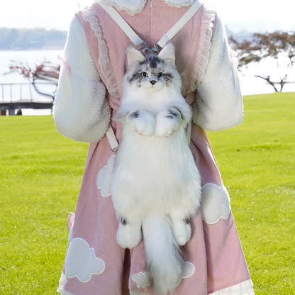 Handmade Soft Gray White Plush Maine Coon Cat Backpack Cute Cartoon Style Toy Lifelike Plush Cat Backpack