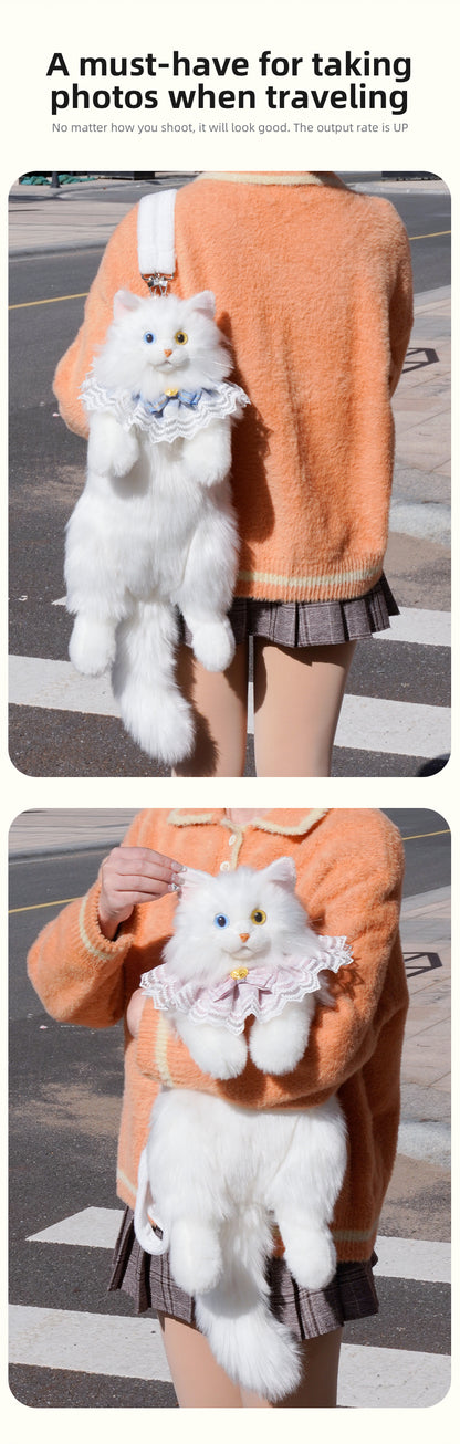 Soft Plush Heterochromatic Cat Backpack Handmade Doll Gift Unisex Gift White cat Backpack with Odd Eyes