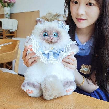 Cute Blue Grid Scarf Siamese Cat Simulation Plush Backpack Unisex Decompression Toy Animal Doll Backpack