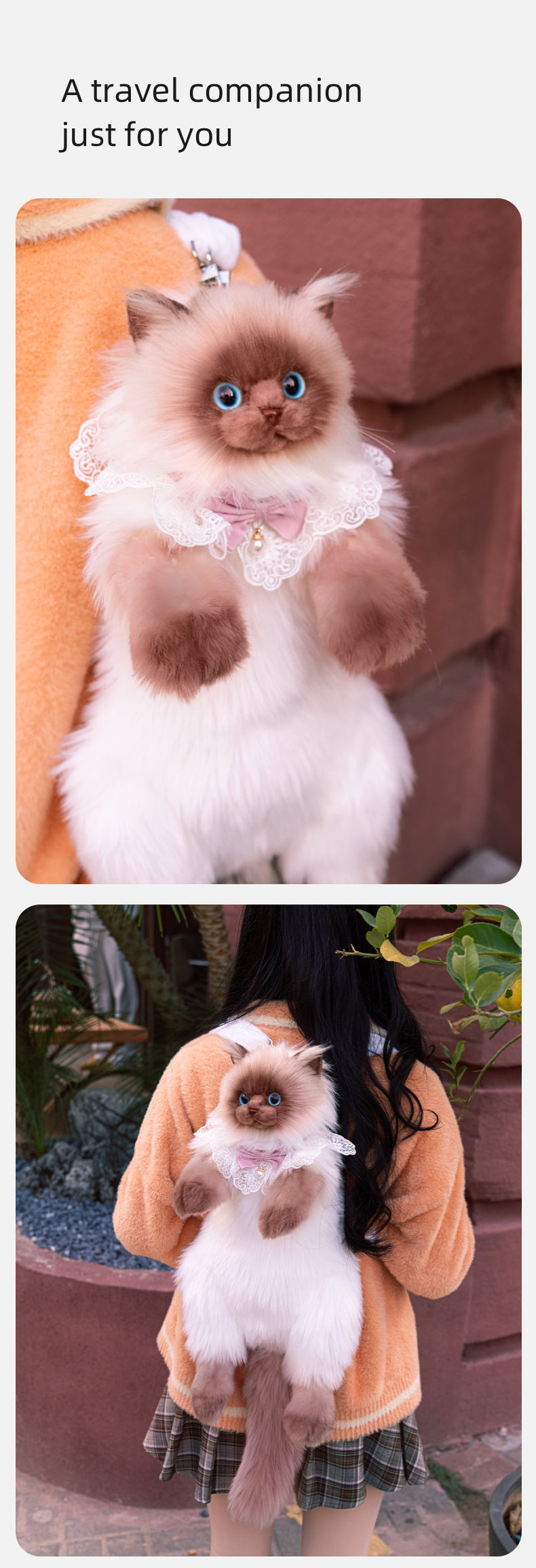 Soft Plush PP Cotton Filled Siamese Cat Animal Backpack Toys Adorable Cat Bag for Adults / Kids