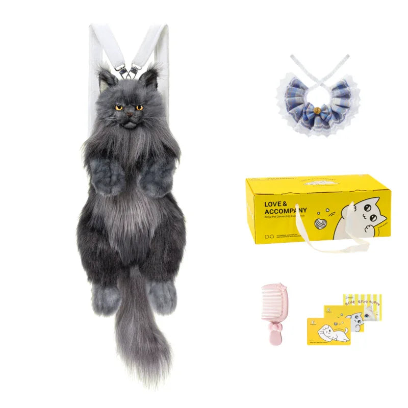 Black Maine Coon Cat Soft Short Plush Backpack Handmade Decompression Adorable Cat Bag for Adults/Kids