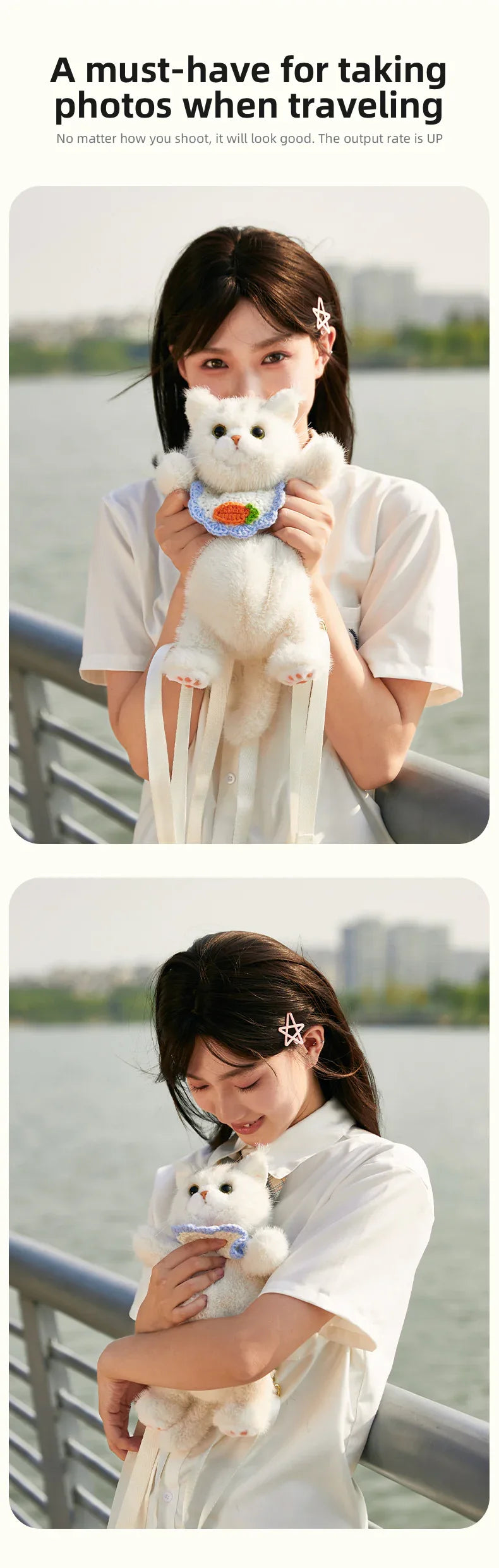 Cute White British Shorthair Cat Backpack Toy Simulation Plush Cat Doll Recyclable Handmade Bag for Travel