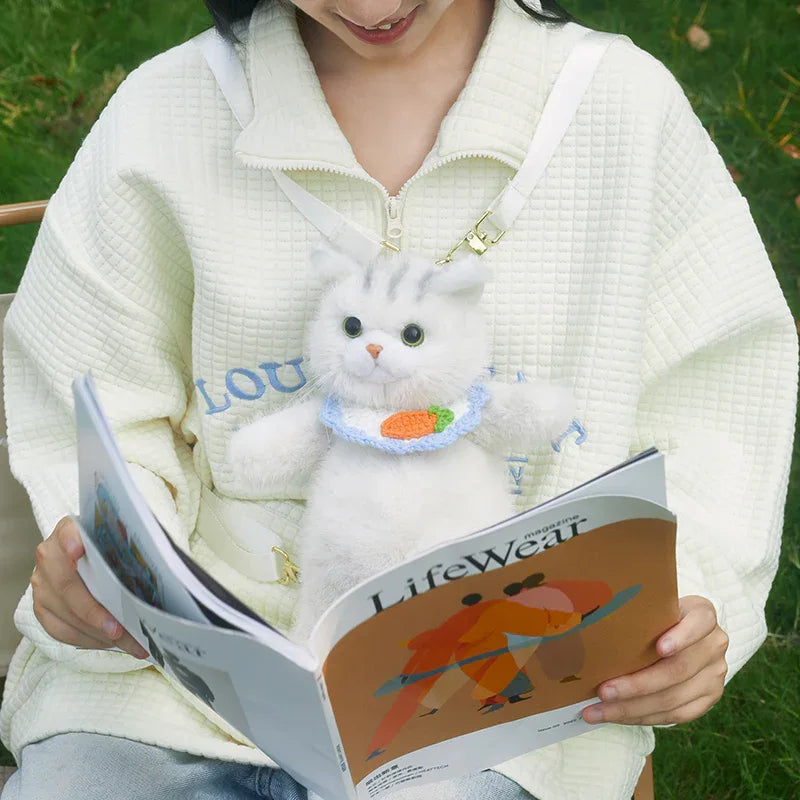 Cute White British Shorthair Cat Backpack Toy Simulation Plush Cat Doll Recyclable Handmade Bag for Travel