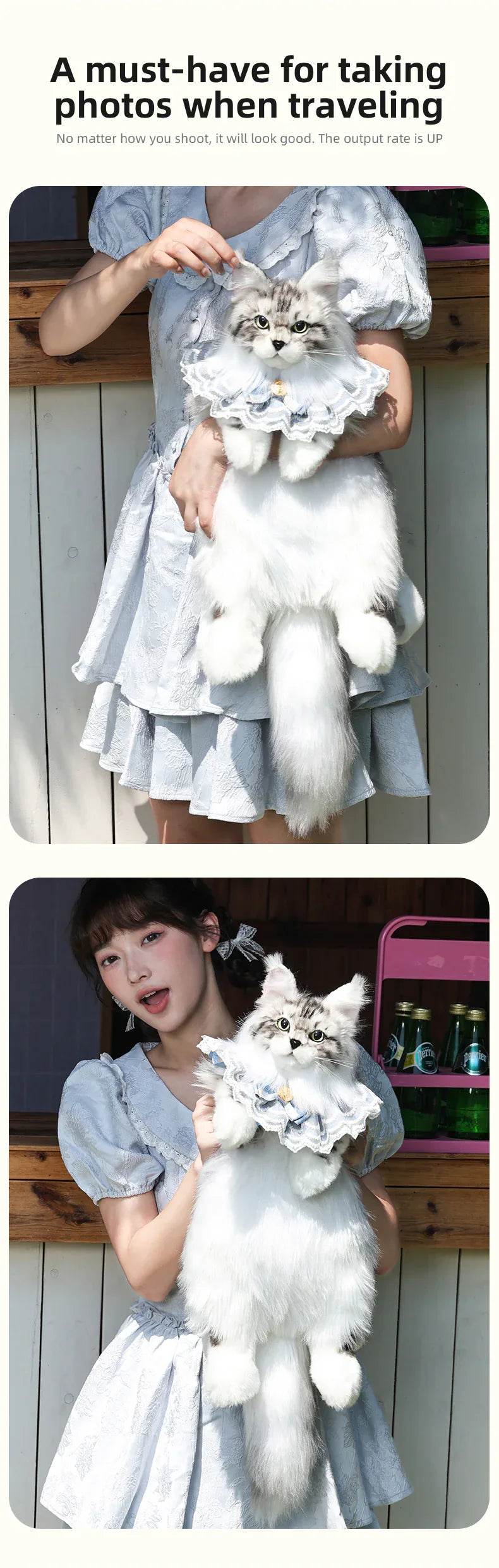 Handmade Soft Gray White Plush Maine Coon Cat Backpack Cute Cartoon Style Toy Lifelike Plush Cat Backpack