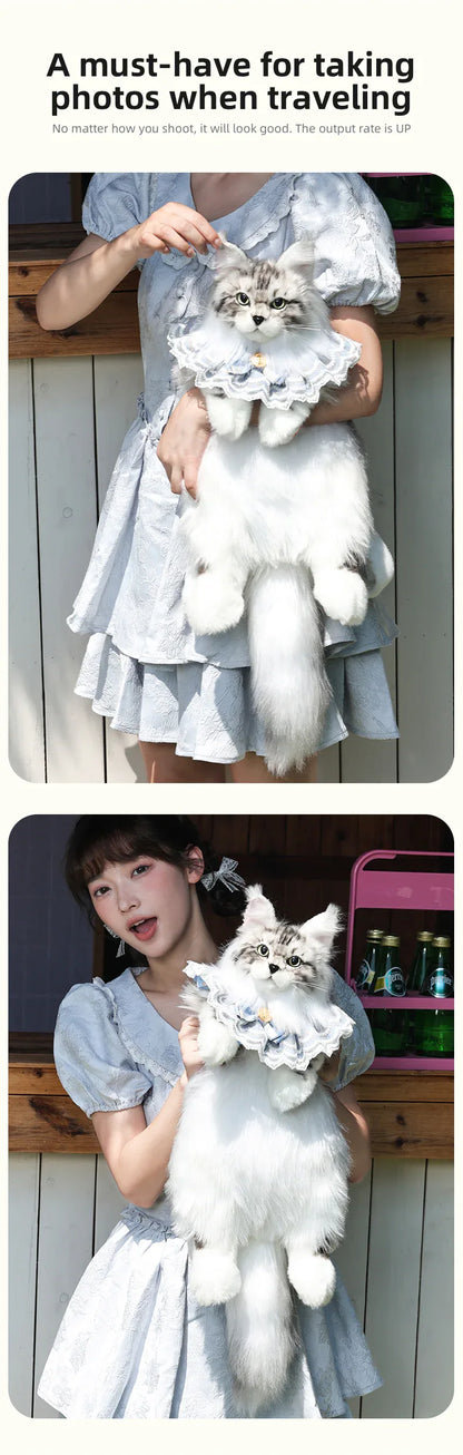 Handmade Soft Gray White Plush Maine Coon Cat Backpack Cute Cartoon Style Toy Lifelike Plush Cat Backpack