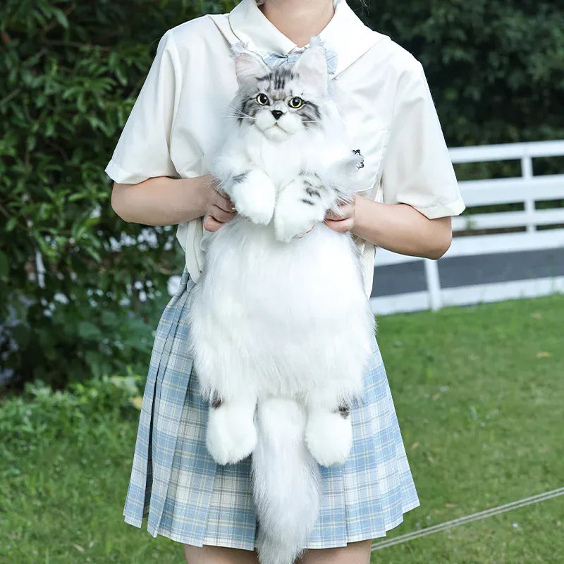 Handmade Soft Gray White Plush Maine Coon Cat Backpack Cute Cartoon Style Toy Lifelike Plush Cat Backpack