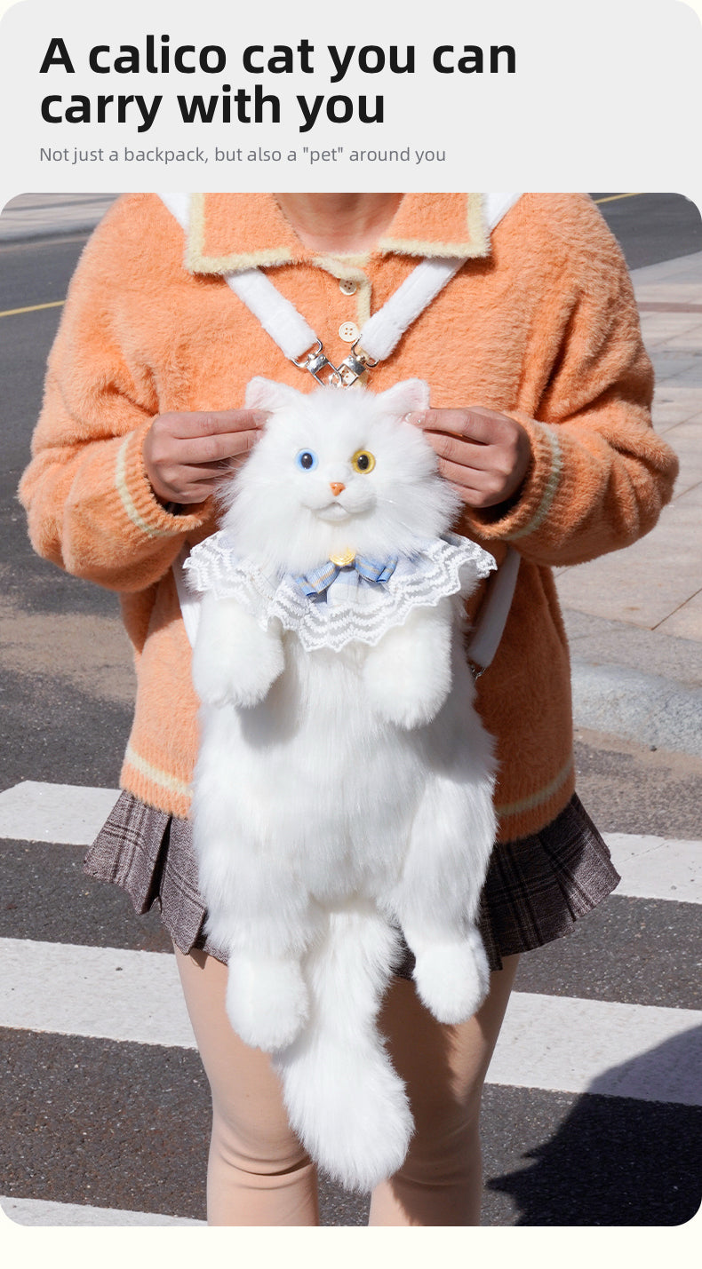 Soft Plush Heterochromatic Cat Backpack Handmade Doll Gift Unisex Gift White cat Backpack with Odd Eyes