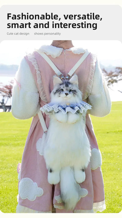 Handmade Soft Gray White Plush Maine Coon Cat Backpack Cute Cartoon Style Toy Lifelike Plush Cat Backpack