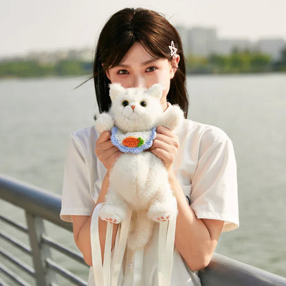 Cute White British Shorthair Cat Backpack Toy Simulation Plush Cat Doll Recyclable Handmade Bag for Travel